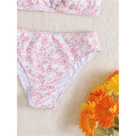 Girls' 2‎ Piece Ditsy Floral Print Knot Front Ruched Triangle Bikini Swimsuit - Picture 4 of 5
